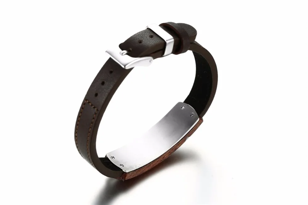 Mens Genuine leather bracelet in Brown Rosewood Cross Inlay Tag Adjustable Wristband Stainless Steel Buckle Men Jewelry  Pulseira Braslet Masculina Bracciale Pulseras Hombre bileklik 18