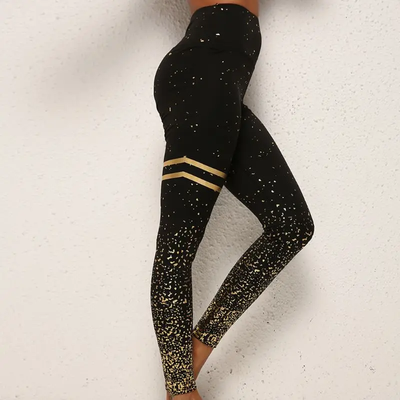  Women High Waist Leggings Hot Stamping Gold Glitter Workout Butt Lift Trouser Athletic Fitness Spor