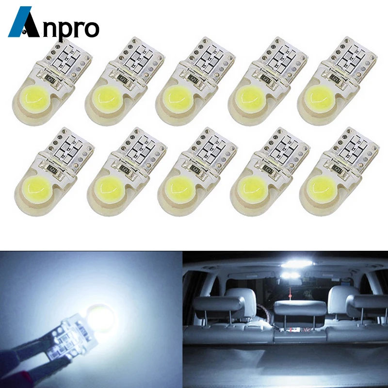 

Anpro 10Pcs T10 COB LED W5W 168 194 led Bulb Car Light Silica Car Super Bright Turn Side License Plate Light Lamp Bulbs 12V