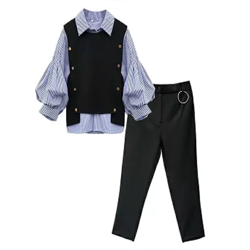 

3Pcs Women's Suits Three Quarters Sleeve Striped Top Solid Tank Pants Suits