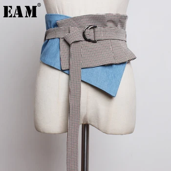 

[EAM] 2020 New Spring Summer Plaid Denims Split Joint Irregular Buckle Personality Wide Belt Women Fashion Tide All-match JU007