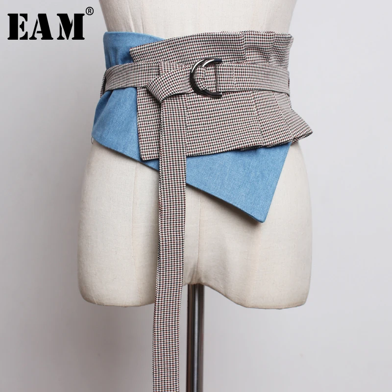 

[EAM] 2019 New Spring Summer Plaid Denims Split Joint Irregular Buckle Personality Wide Belt Women Fashion Tide All-match JU007