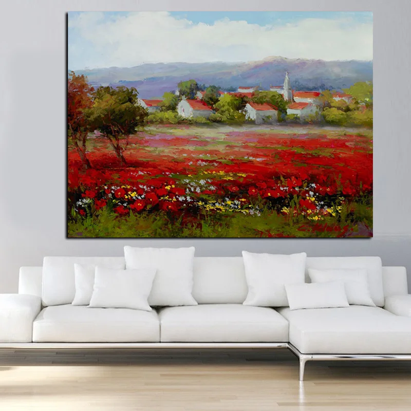 Print Abstract Wild Red Flower Poppies Landscape Oil Painting on Canvas Modern Pastoral Poster Art Wall Picture for Living Room (2)