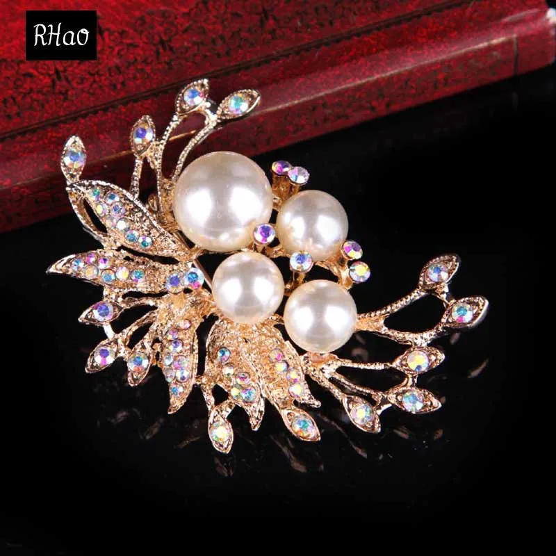 RHao Women Pearl Brooches Decorative Accessories gold color Rhinestone
