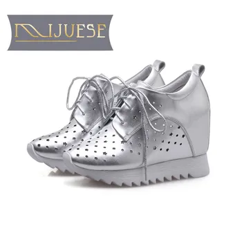 

MLJUESE 2018 women pumps Genuine leather increased Internal high heels platform wedges pumps breathable shoes size 33-40