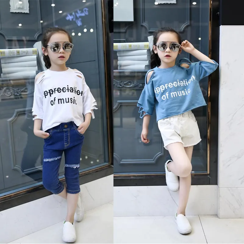 

European Girls Summer Hot Hole Shoulder Cotton Loose T-shirt Kids Clothing Blue White