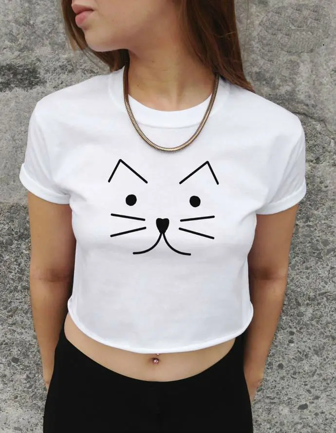 Women Summer Crop Top Cute Cat Kitten Print Short tshirt Sexy Slim Funny Top Tee Hipster Black