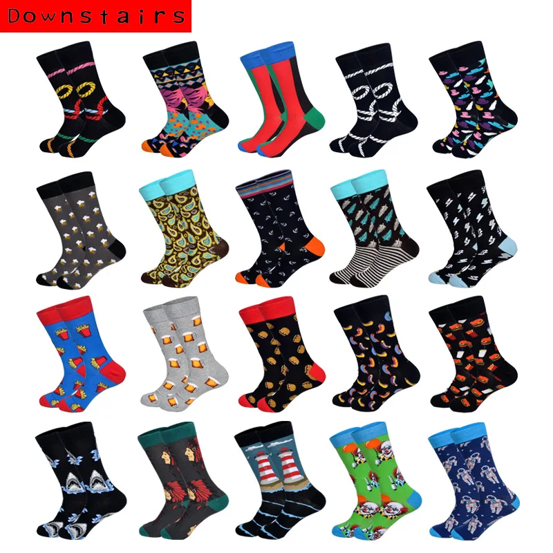 

Downstairs Men Socks Individual Character Designs for Mens 21Colors Beer Clown Dinosaurs French Fries Funny Pattern Dress Calcetines