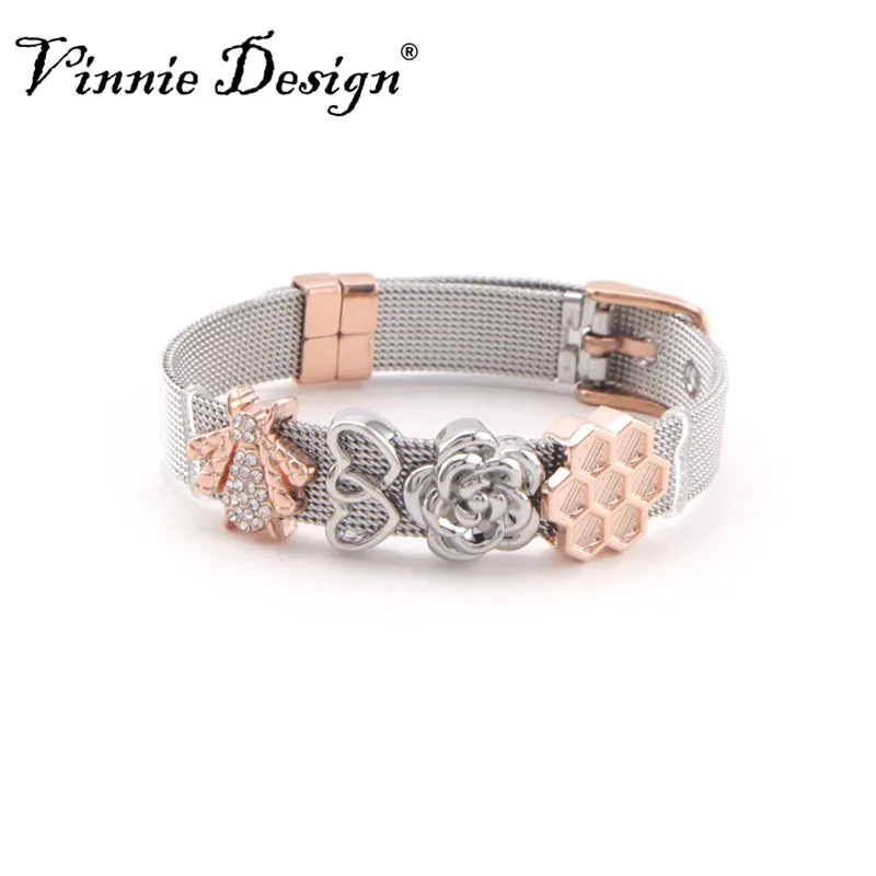 Vinnie Design Jewelry Keeper Stainless Steel Mesh Bracelet with 4pcs Slide Charms Silver Rose Gold Wrap Bracelets Keepers