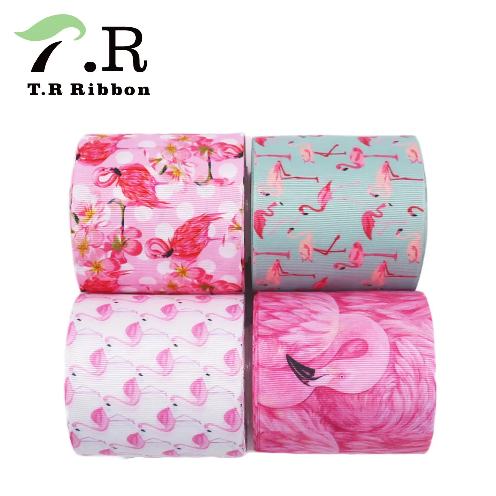 3"75mm Flamingo Heat Transfer Printed Grosgrain Ribbon 10 Yards/lot