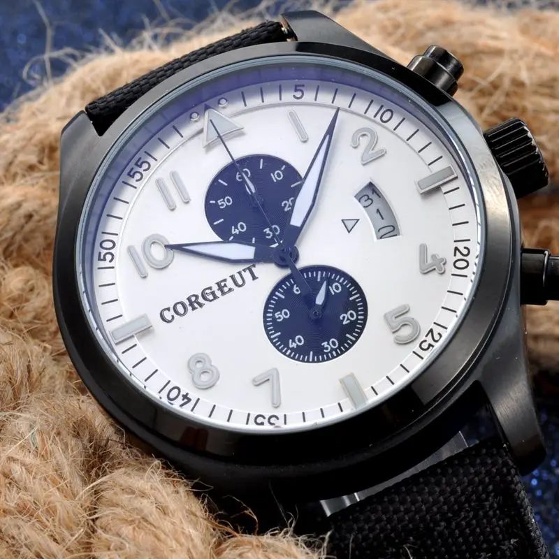 

Corgeut 46mm black dial PVD Case mixed strap of the cloth and leather Full Chronograph Mens quartz wristwatch