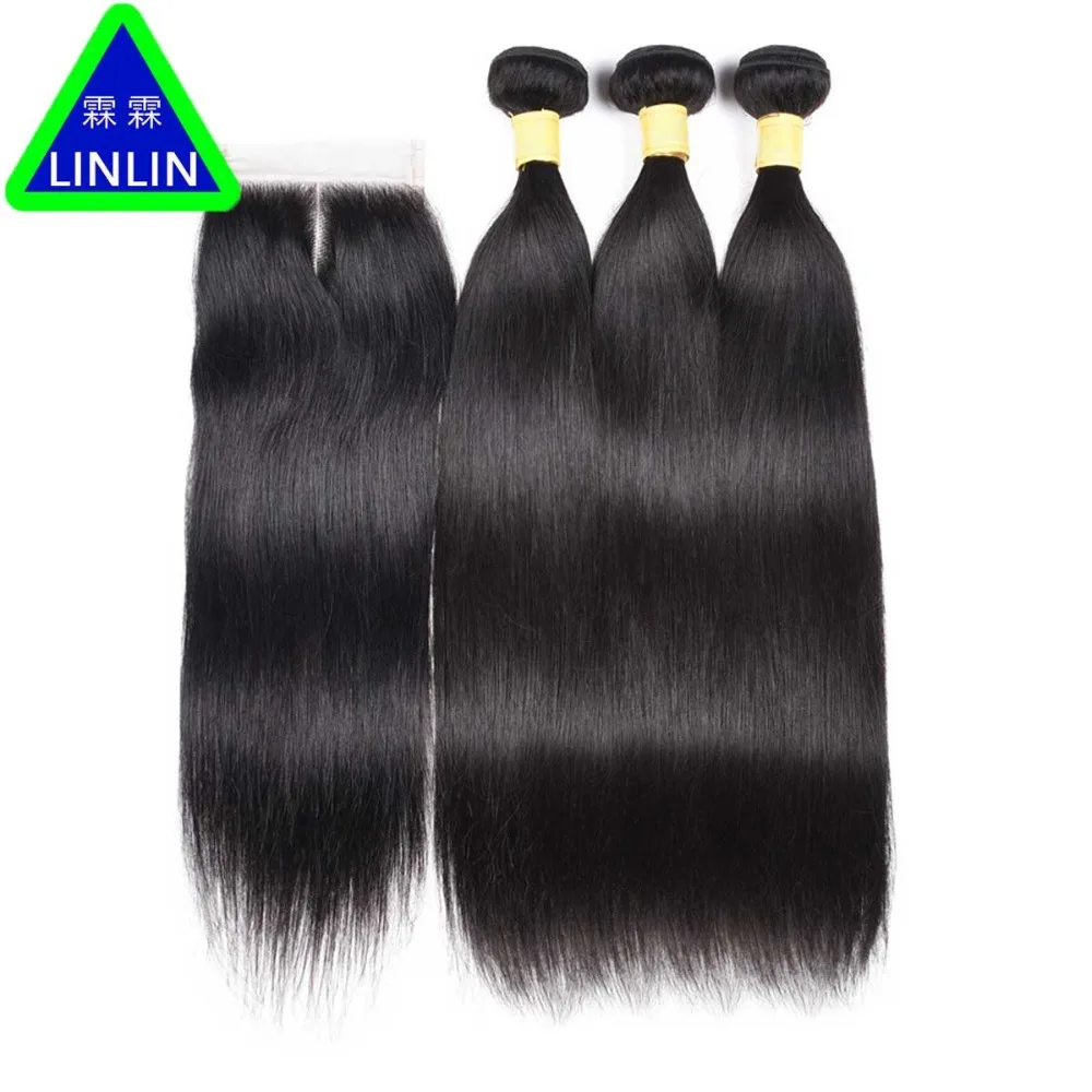 

LINLIN Hair Pre-colored 3 Bundles Brazilian Straight Hair With Closure 4*4 Lace Closure With Human Hair Rollers