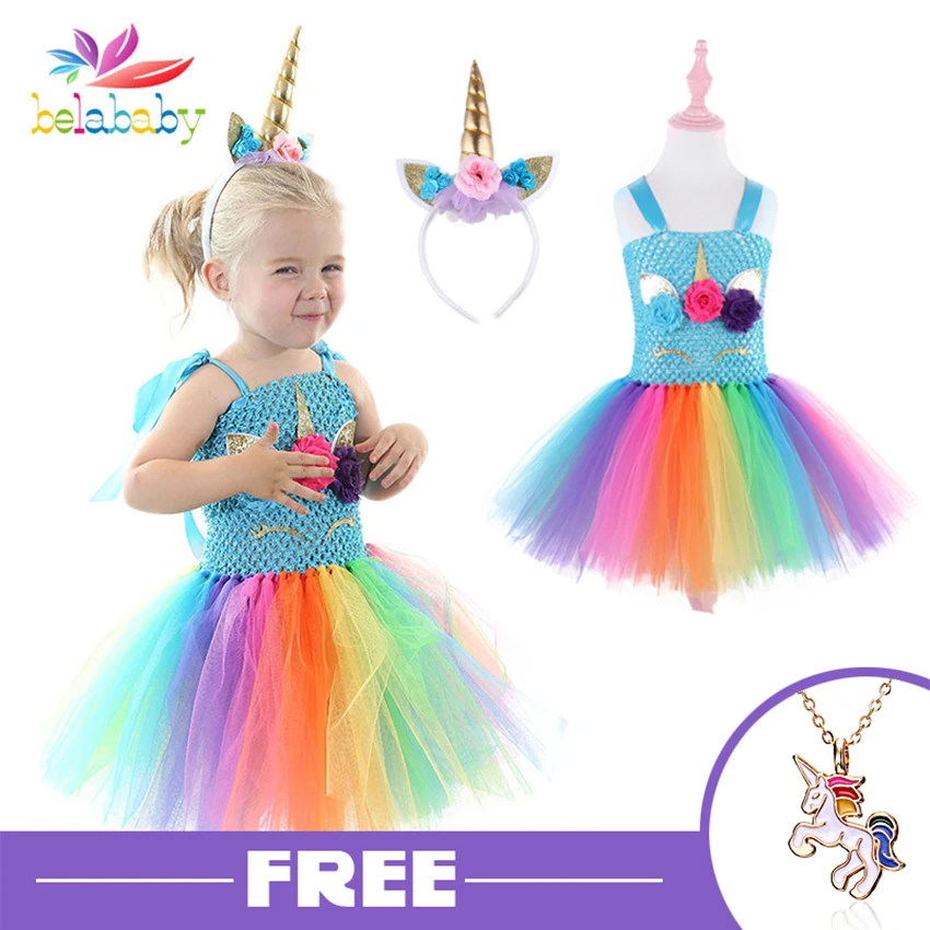 Tulle Girls Unicorn Dress Pink Rainbow Princess Girls Birthday Party