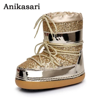 

Women Space Boots Ankle Snow Boots Casual Work Safety Shoes Sequins Cloth Plush Warm Waterproof Ski Platform Winter Shoes Woman
