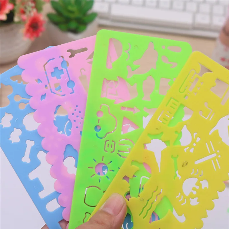 

4PCS Cute Art Graphics Symbols Drawing Template Stationery Ruler Kids Drafting Stencil Toys Gifts For Children Kids Student
