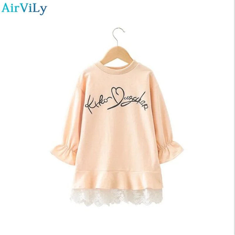 

2018 New Children's Clothes A-line Girl Dresses Fashion Lace Loose Dress Baby Girl Long Sleeve Bow Behind Decorate Beige Dress