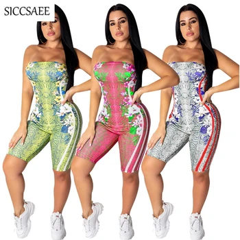 

Serpentine Floral Print Strapless Jumpsuits For Women 2019 Summer Bodycon Bodysuit Backless Bandage Playsuits Knee Length Tube