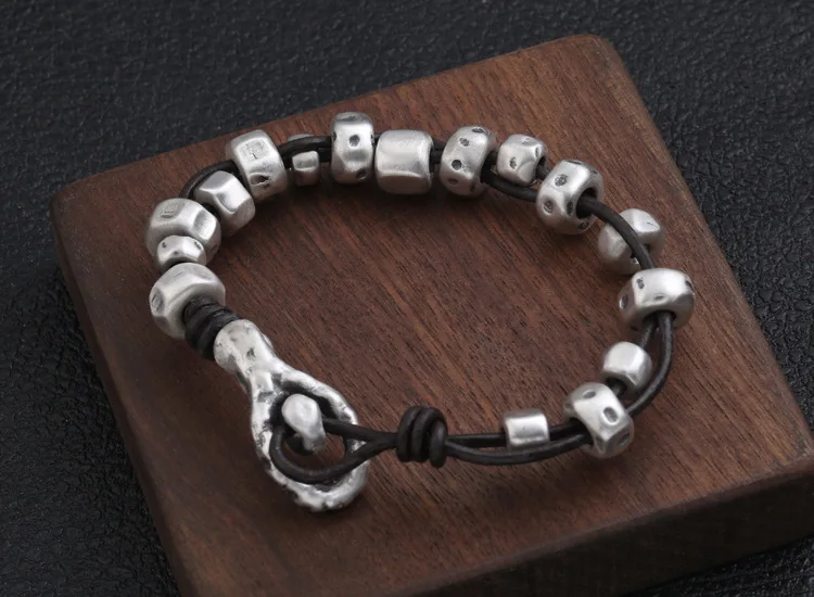 Очаровательный браслет дружбы из стерлингового серебра S999 для мужчин и женщин, креативный 3D Браслет с кожаной веревкой, ювелирное изделие B05