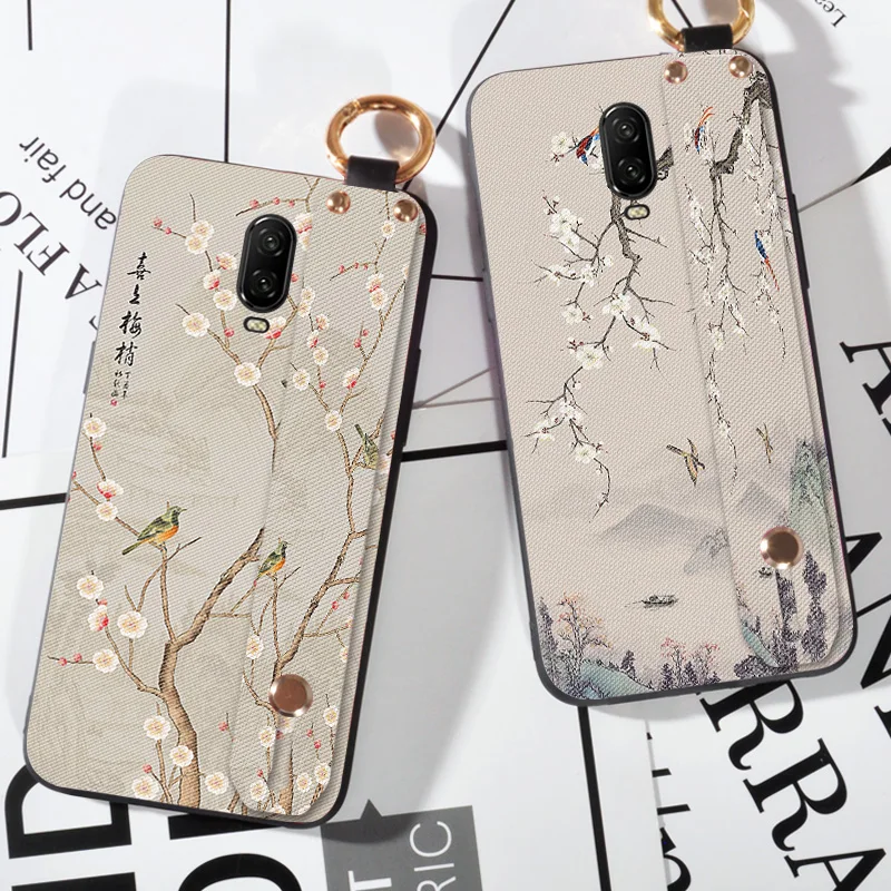 

3D Embossed Flowers Case For Oneplus 6 1+6 One plus 6 Hand Cover Wrist Strap Cases For Oneplus 6T 6 T Capa Stand Coque