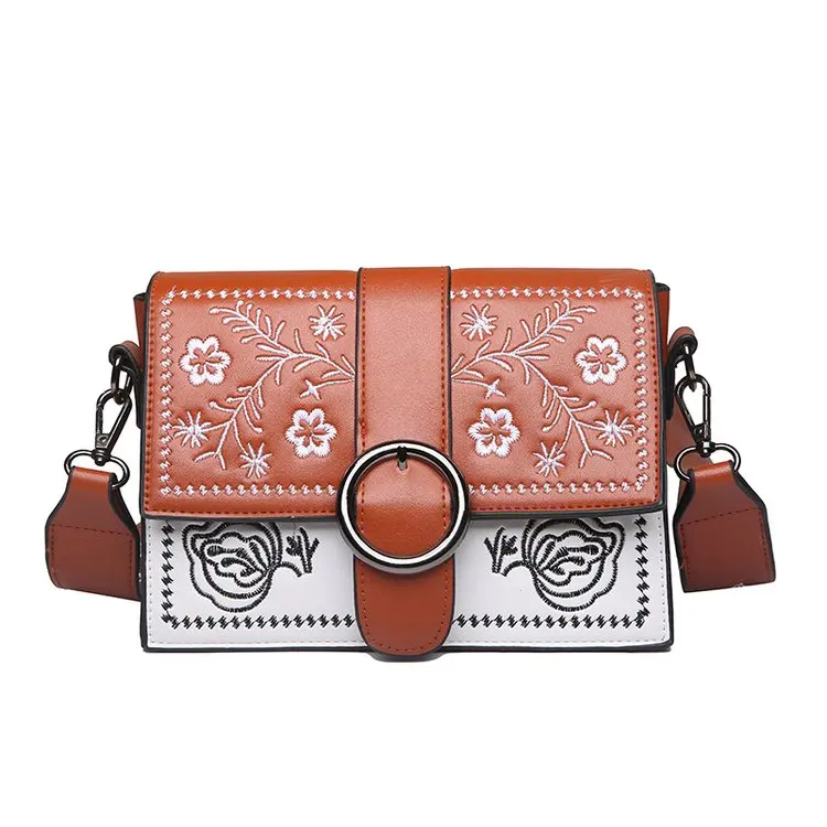 

Women Small Bag Embroidery National Style Lock Leather Handbag Fashion Lady Crossbody Wide Shoulder Handbags Mini Bags 2019 New