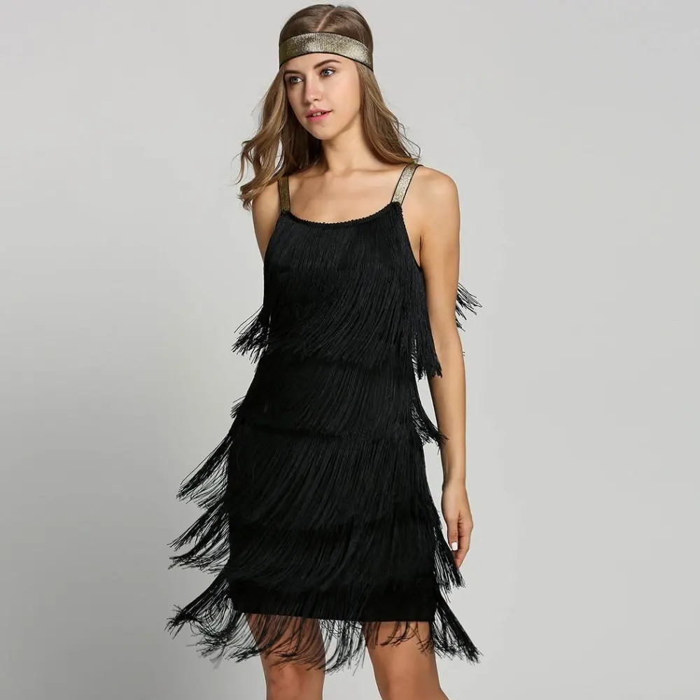 Женское мини-платье в полоску с кисточками, платье в стиле Гэтсби, вечерние платья для танцев, многоуровневые вечерние платья с бахромой и повязкой на голову - Цвет: Черный