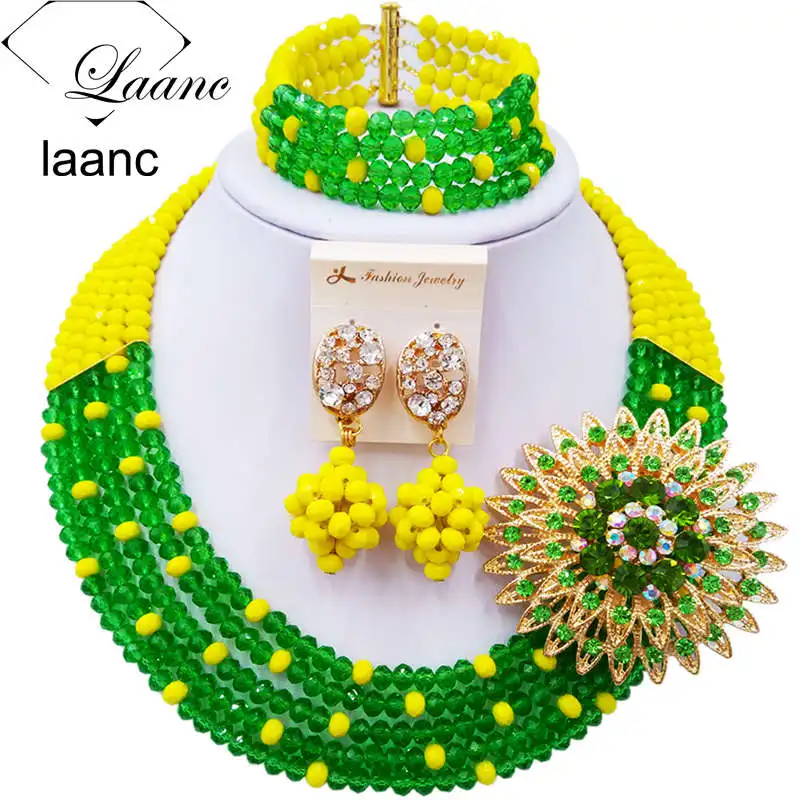

Beautiful Opaque Yellow Green Crystal Beaded Necklaces Costume Nigerian Wedding African Beads Jewelry Set for Women 5SZK020