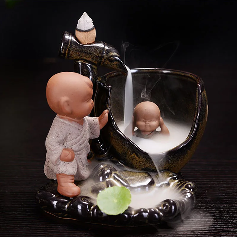 Backflow Incense Burner Home Decor Ceramic Little Monk Small Buddha Holder Aromatherapy Censer + 10Pcs Cones | Дом и сад