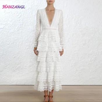 

HANZANGL 2020 New Arrive Autumn Women Fashion White Long Dress Deep V-neck long Sleeve Ruffled Hollow Out Sexy Female Lace Dress