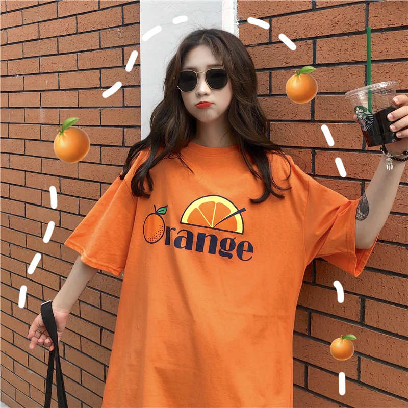 

Summer Harajuku Loose T-shirts Women Casual O Neck Short Sleeve Orange Print Oversized Tees Student Chic Streetwear Tshirt Tops