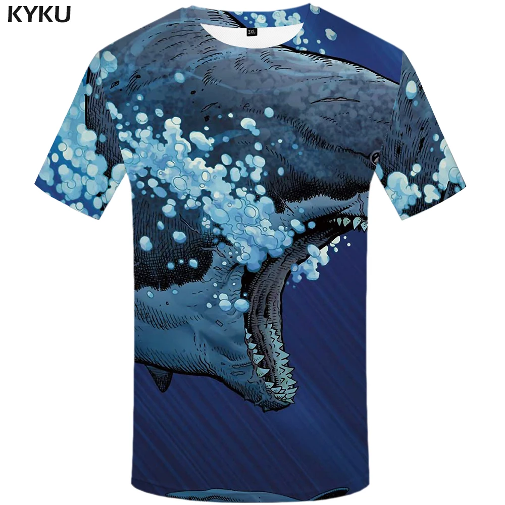 

KYKU Brand Shark T-shirt Men Animal Tshirt Printed Ocean Shirt Print Blue Tshirts Casual T-shirts 3d Short Sleeve Hip hop