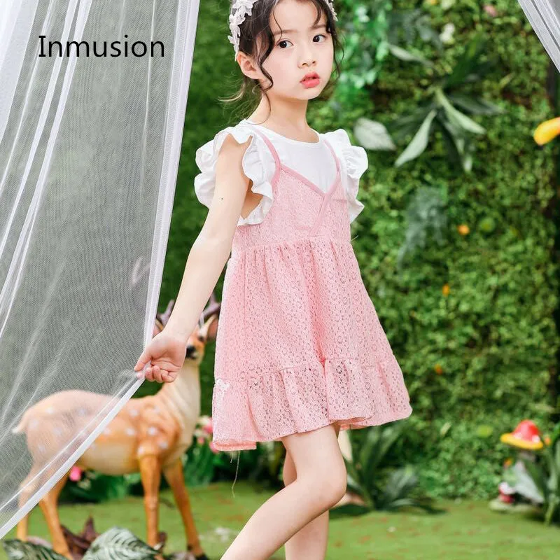 

2 Pcs Baby Girls Flare Sleeves Summer O-neck Flower Brand Design Lace T Shirt + Dress Children Pink Cotton Dresses