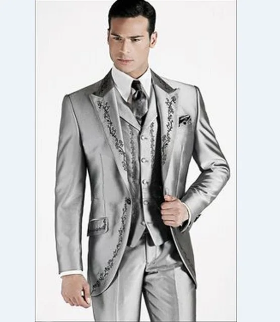 

Embroidery Groomsmen Peak Lapel Groom Tuxedos Silver Grey/Navy Blue/Black Best Men Suit Sets 2017 Fashion(Jacket+Pants+Vest+Tie)