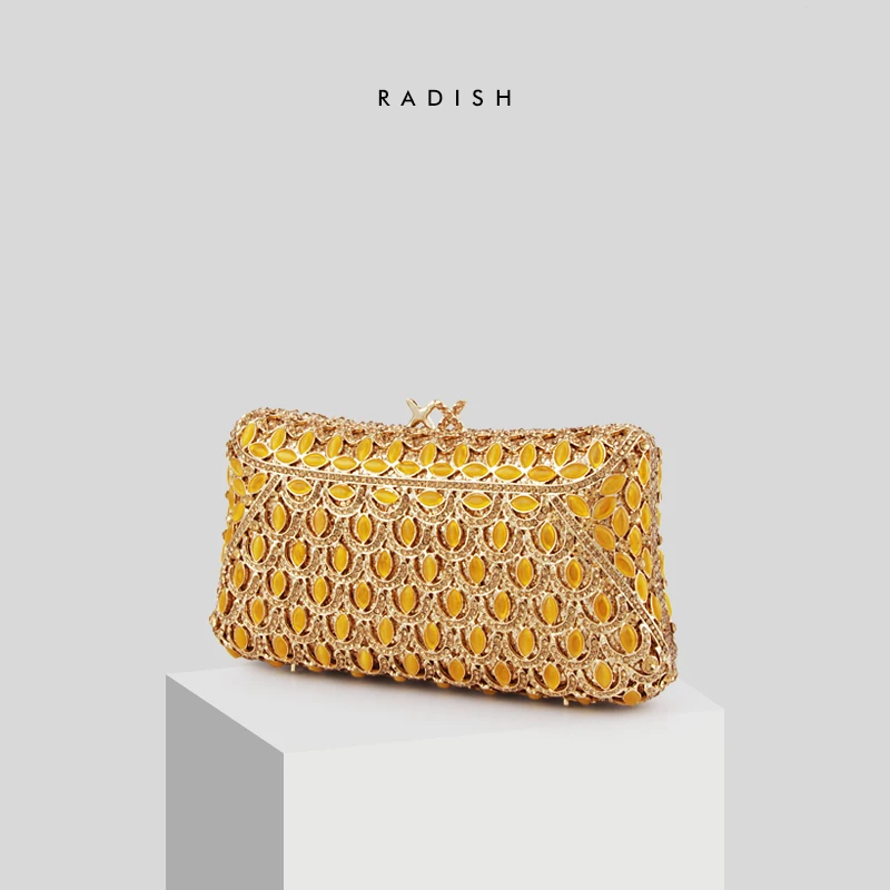 

RADISH Elegant Gold Crystal & Yellow Diamond Opal Stone Women Metal Wedding Purse Bridal Handbag