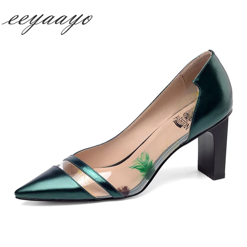 

2019 New Spring/Autumn Genuine Leather Women Pumps High Square Heel Pointed Toe Shallow Sexy Ladies Women Shoes Blue High Heels