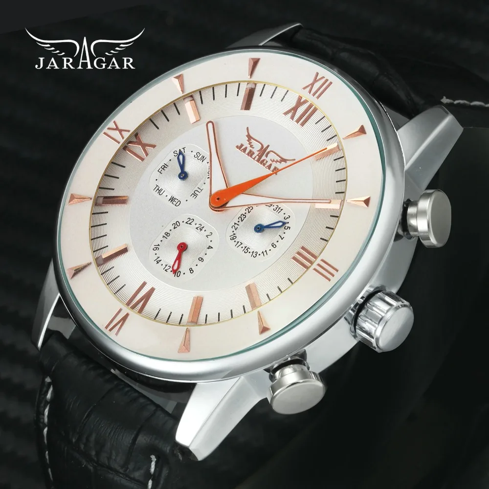 

JARAGAR Fashion Mens Watches Top Brand Luxury Auto Mechanical Wrist Watch 3 Square Sub-dials Date Week Display relogio masculino