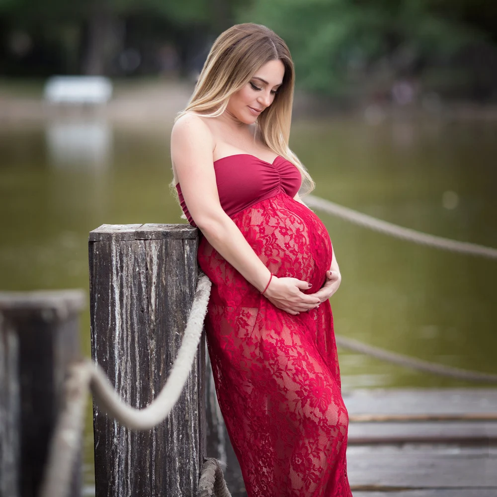 Sleeveless Maternity Dress for Photo Shoot - Maternity Gown with Lace Detailing, Split Front - Maternity Photography Props image 4