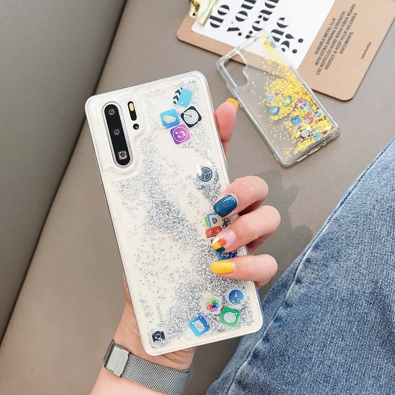 

For huawei P20 lite Nova 3E P30 pro Case Quicksand Mobile Apps Icon Pattern For huawei Nova 5 5i 4 3i Dynamic Liquid Cases Cover