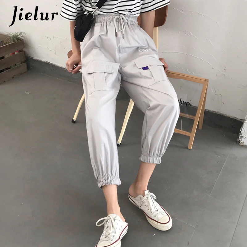 Jielur Trousers Women Hipster Cargo Summer Pants Drawstring Elastic Embroidery Women Pants Pantalon Femme 2019 New Black Jielur Trousers Women Hipster Cargo Summer Pants Drawstring Elastic Embroidery Women Pants Pantalon Femme 2019 New Black