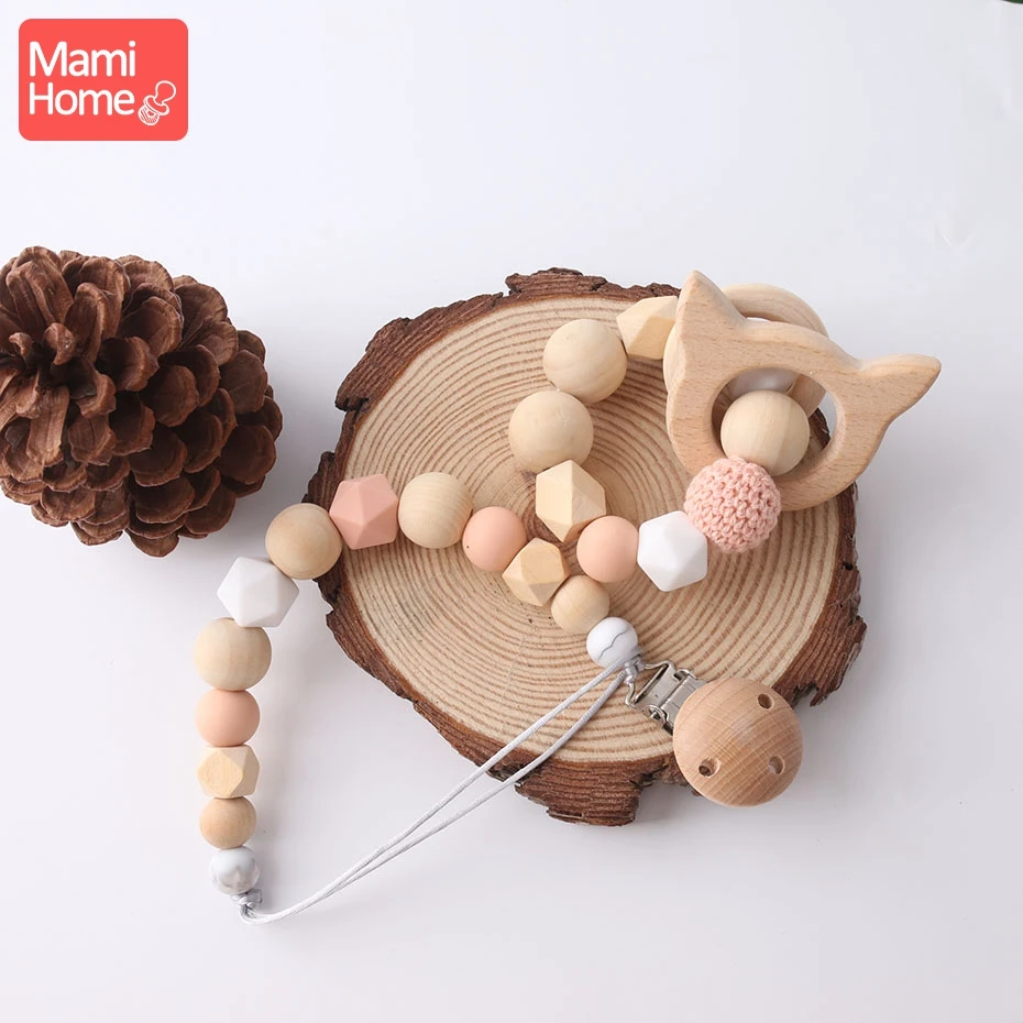 Mamihome 1 набор, цепочка для соски, мультфильм, натуральное дерево, бусины, кольцо, детская погремушка, животные, подвеска, подарки для новорожденных, деревянный прорезыватель, игрушки, подарок