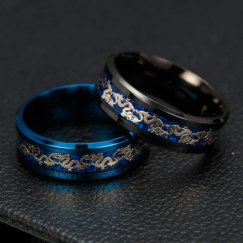 Черное синее кольцо для мужчин, китайское традиционное золото, дракон инкрустация с синим кольцом из нержавеющей стали, ювелирные изделия