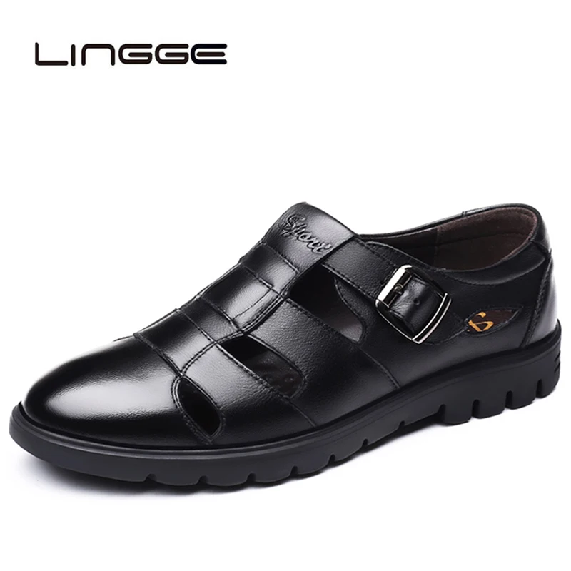 

LINGGE 2019 Genuine Leather Men Sandals Summer Men Beach Sandals Man Fashion Outdoor Casual Men Slippers Size 38-47