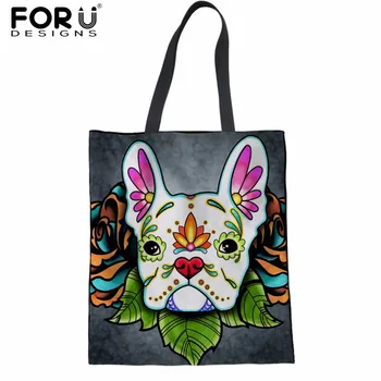 

FORUDESIGNS Day of the Dead French Bulldog Prints Cotton Women Tote Bags Large Shopper Bags for Ladies Handbags Recyclable Bags