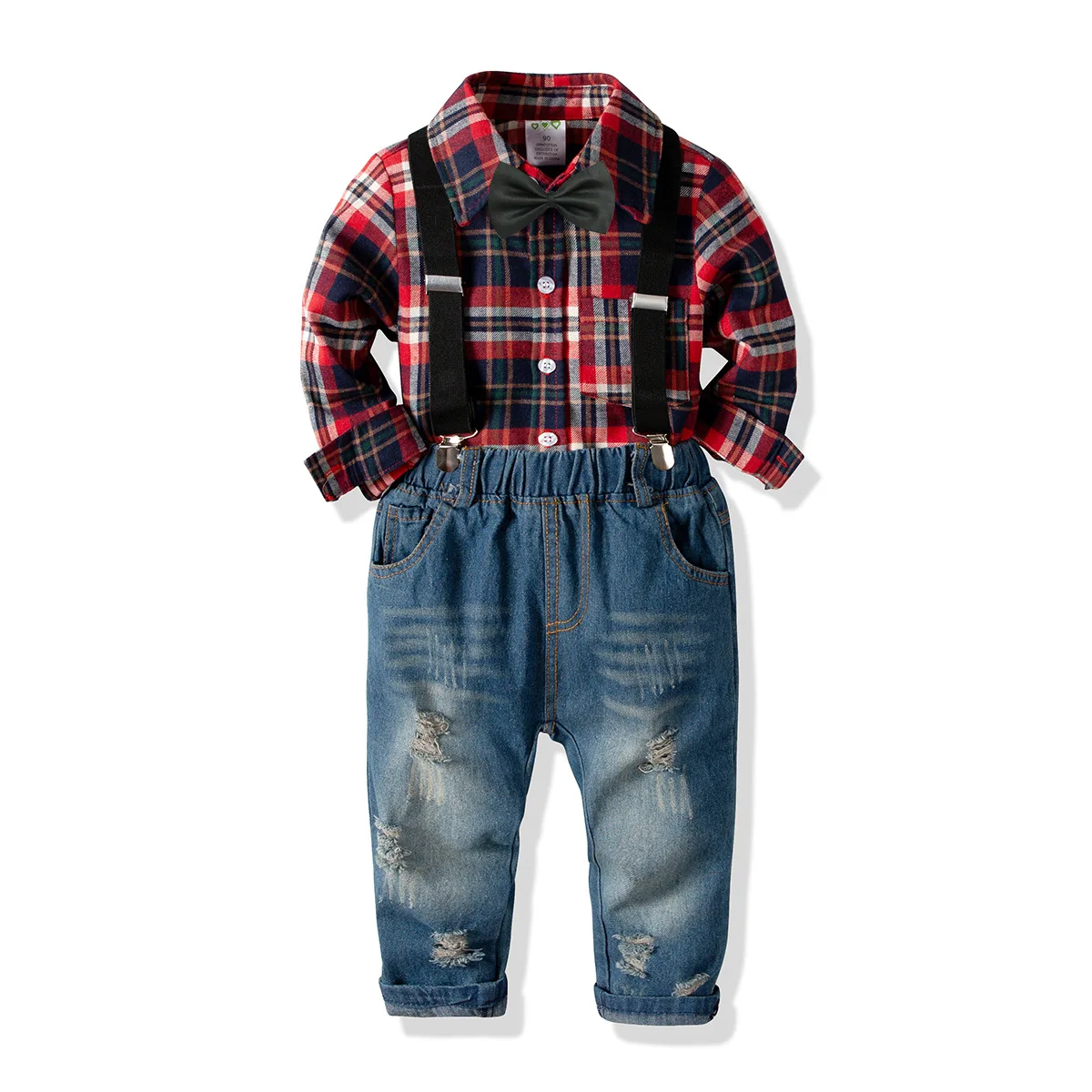 Boy's 2-10 Y Spring Autumn Plaid Shirt &amp Denim Bib Jeans Pant Clothing Set Cotton Fashion Gentleman with BowtieSuits | Детская