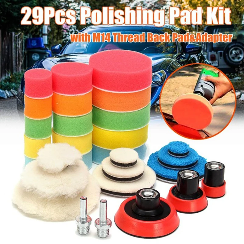 

New Arrival 29pcs/Set Sponge Polishing Pads Grinding Buffing Disc Car Beauty Waxing Tool With M14 Thread Back Pad
