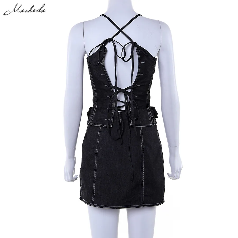 Macheda 2 Piece Set Summer Women Clothes Outfits Sexy Back Hollow Out Lace Up Crop Top And Short Skirts Casual Lady Suit