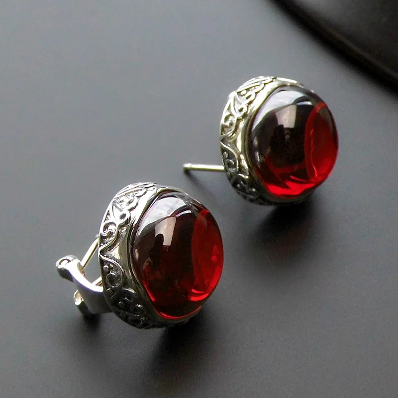 

S925 Sterling Silver Earrings Natural Yellow Stone 925 Thai Silver Garnet Stud Earring for Women Party Wedding Jewelry LE105