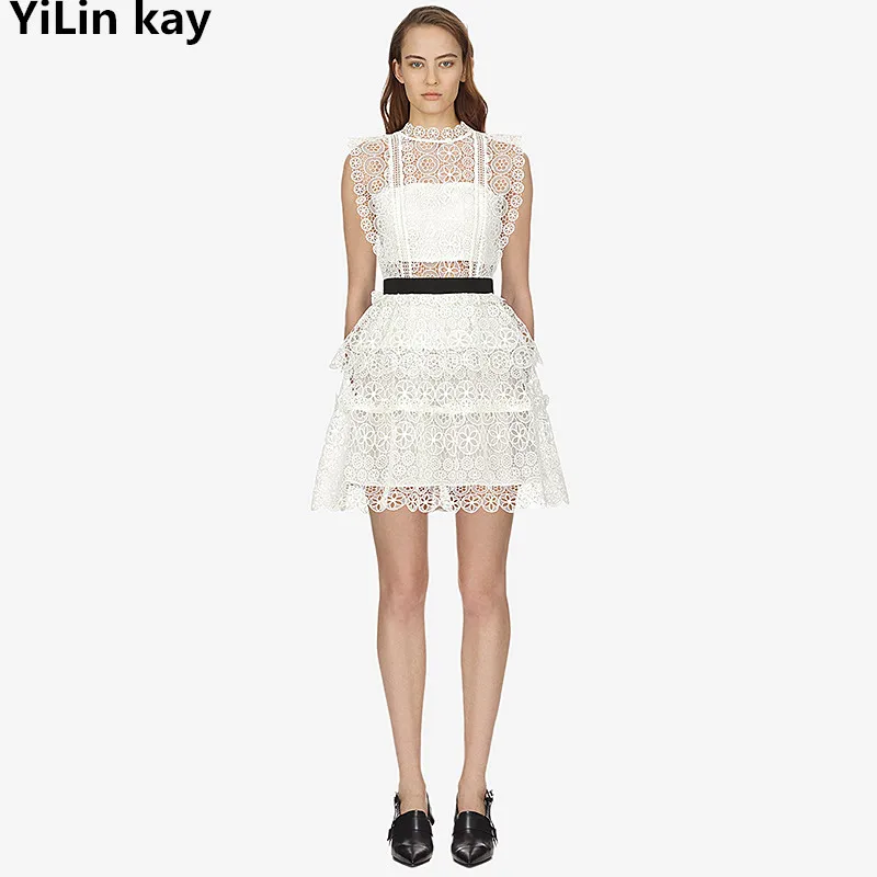 

YiLin kay 2019 High-end custom self portrait Fashion runway dressSummer Women's Hollow Out Ruffles Layer Cake Mini Dress
