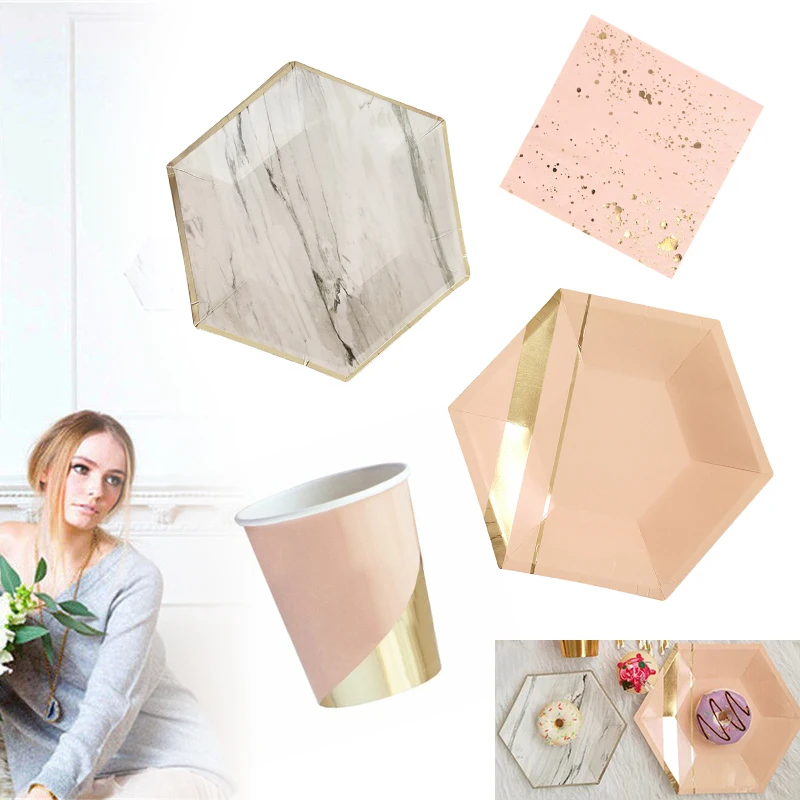 8/20Pcs European style party gold stamping plate birthday party disposable Marble Texture  tableware Plates Set