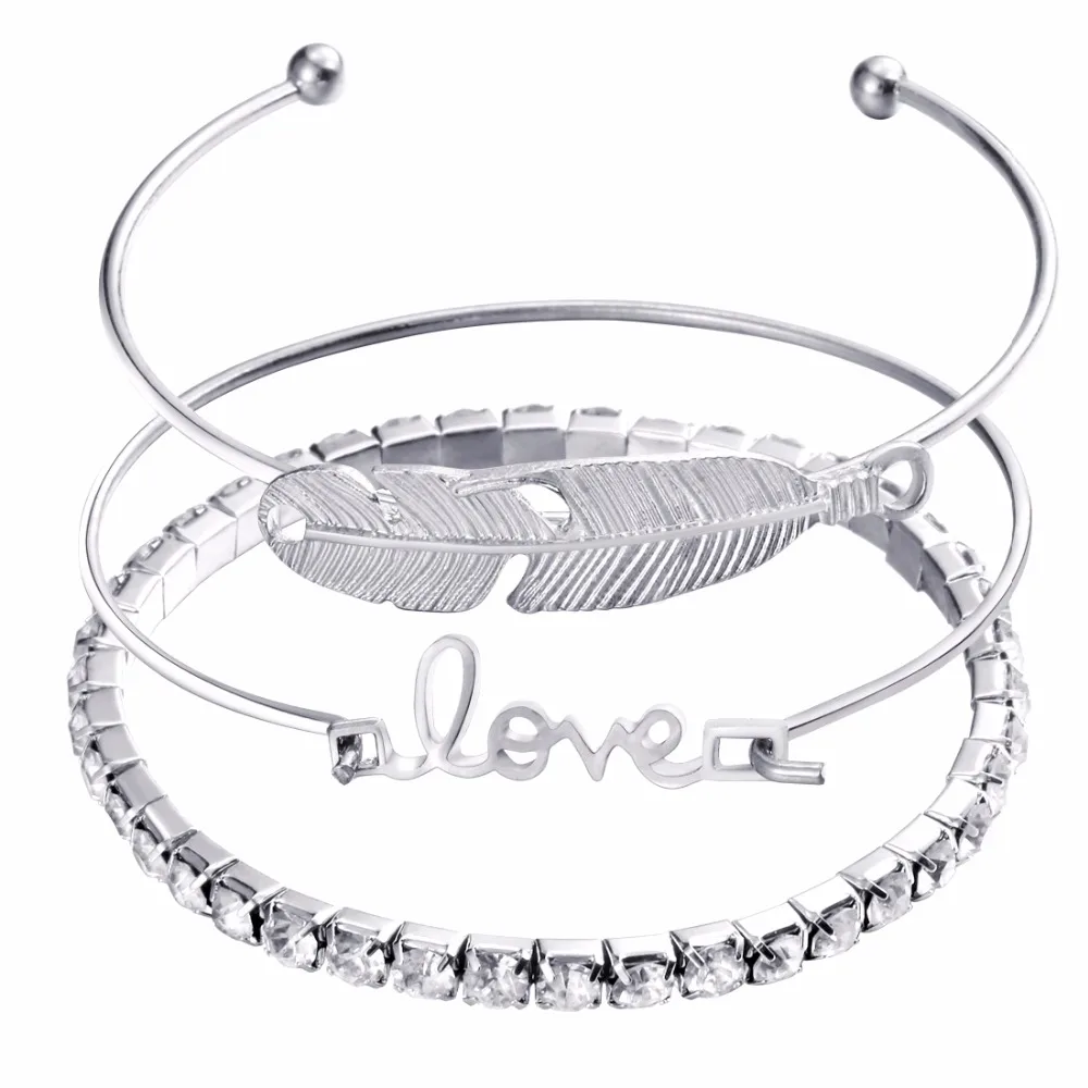 Multiple Layer Bangle For Women open leaves letter Silver plated Bracelet Simple Plant Femme Boho Jewelry wholesal | Украшения и