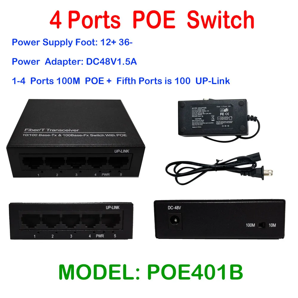 

4ch POE Switch power 4ports Network 5-Port Ethernet Switch 10/100M IEEE802.3af/at standard Output: 72W/48V support nvr ip camera